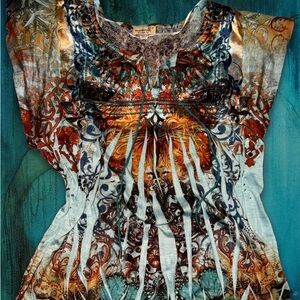 ONE WORLD Multicolor Boho-Style Printed Tie-Front Tunic